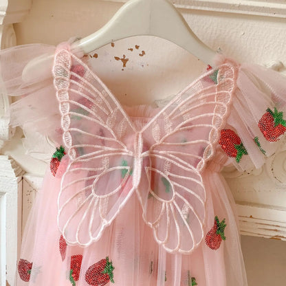 Kids Dress with Wings Embroidered Sleeveless Tulle Gown