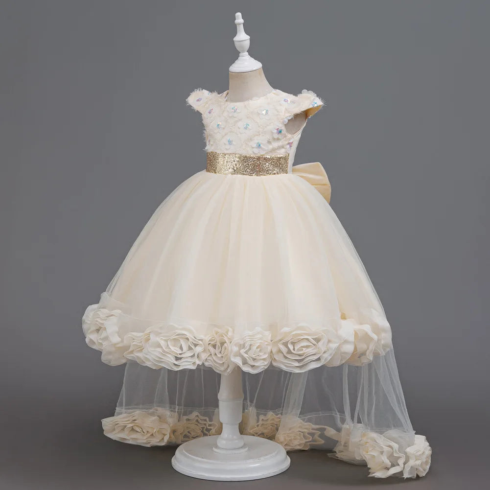 Flower Girl Dress 3D Rose Lace Tulle Sequin Waistband Princess