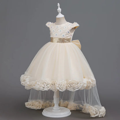 Flower Girl Dress 3D Rose Lace Tulle Sequin Waistband Princess