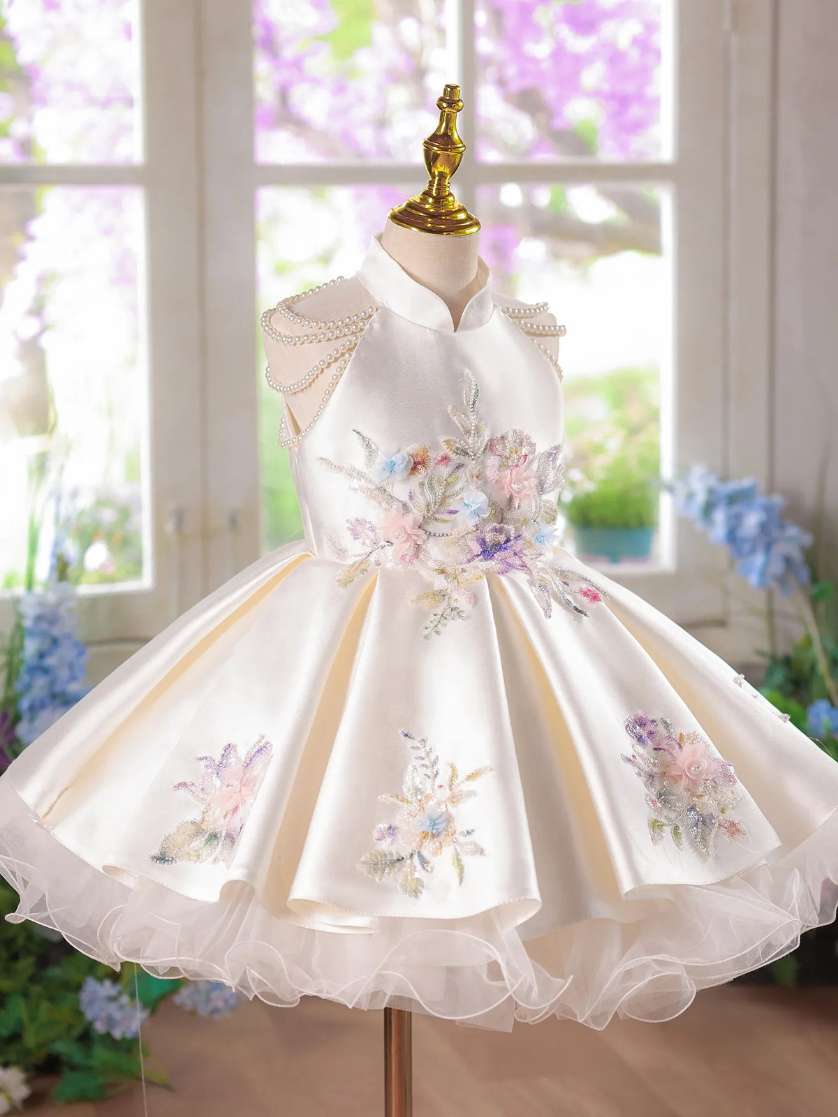 Embroidery Satin Flower Girl Dress Wedding Guest Gown