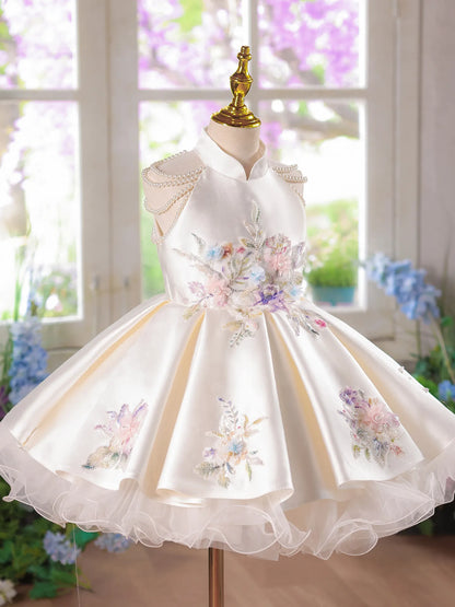Embroidery Satin Flower Girl Dress Wedding Guest Gown