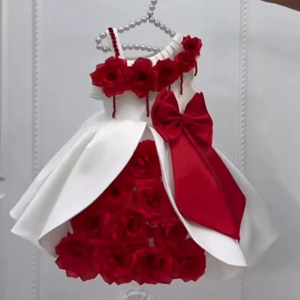 High End Handmade 3D Floral Rose Bow Flower Girl Dress