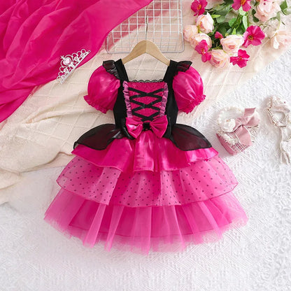 Girls Dress Summer Children's Pink Bubble Sleeve Lovely Dress