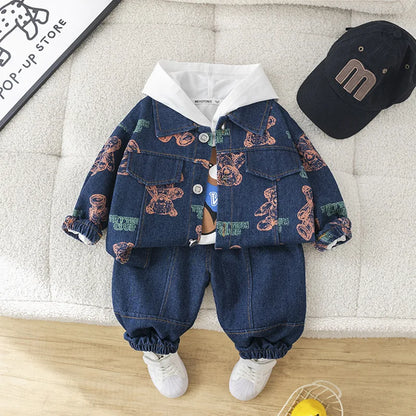 Spring Autumn Boys' Denim Long Sleeve Three-Piece Suit Casual Fashionable Children's Clothing Set Soft Cotton Baby Toddler Kids