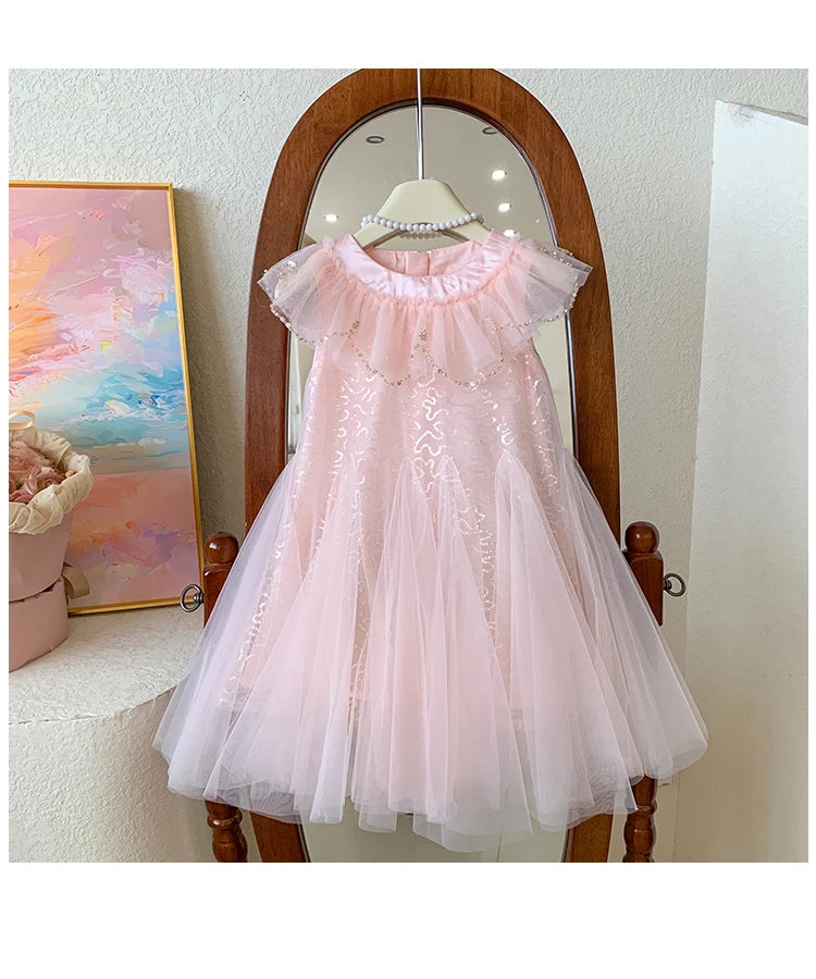 Sleeveless Mesh  Children's Pink Birthday Princess Dress