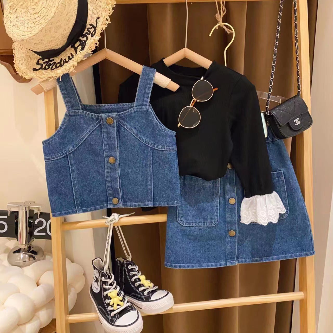 Conjunto de jeans con botones para mujer y niño 