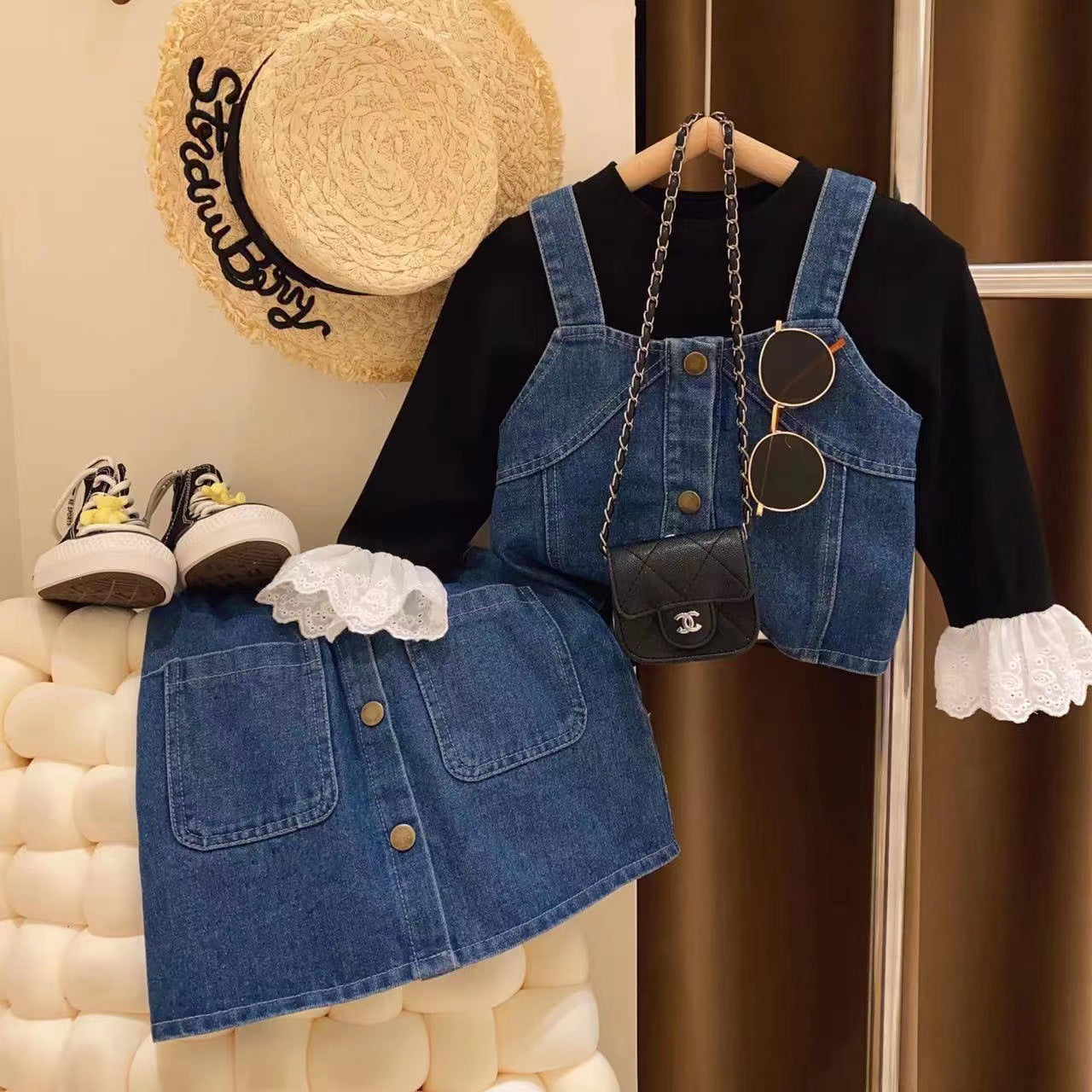 Conjunto de jeans con botones para mujer y niño 