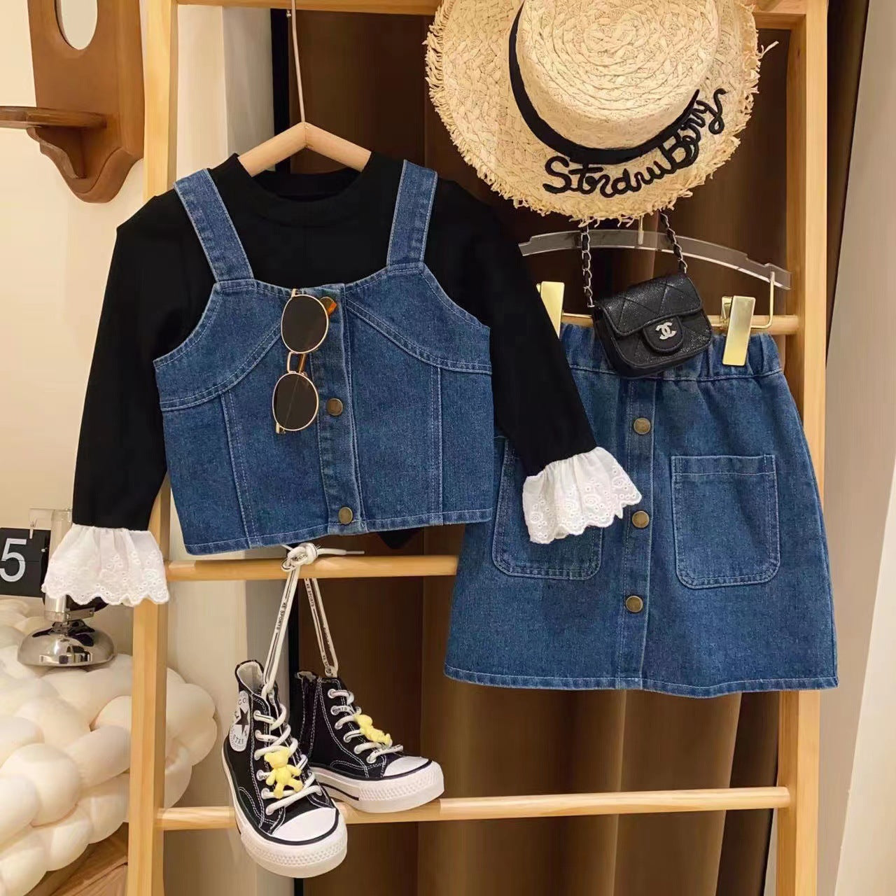 Conjunto de jeans con botones para mujer y niño 