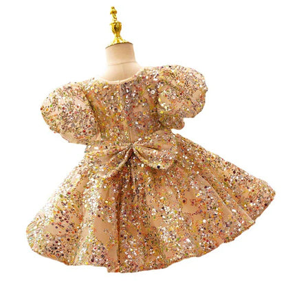 Gold Sequined Party Dress for Girls + Bow