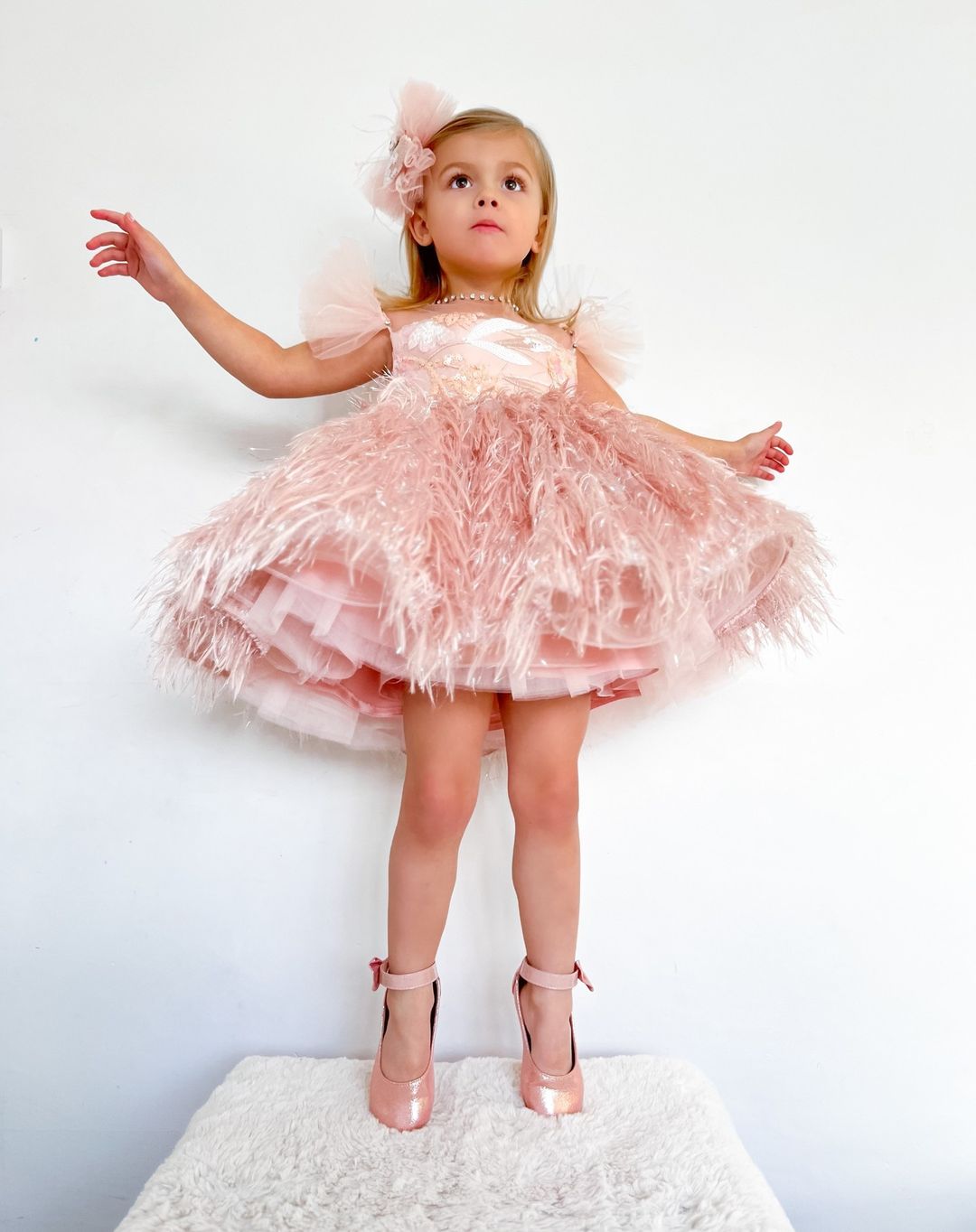 Pink Feathered Party Dress for Girls