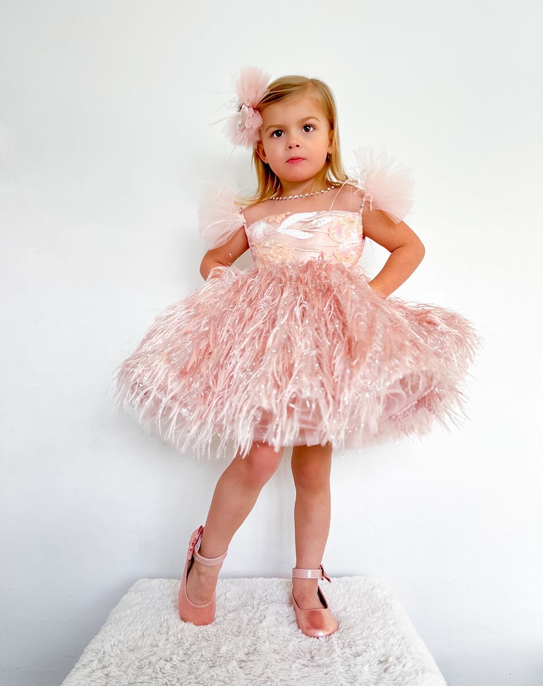 Pink Feathered Party Dress for Girls