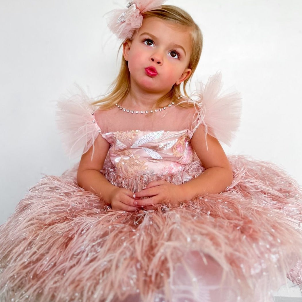 Pink Feathered Party Dress for Girls