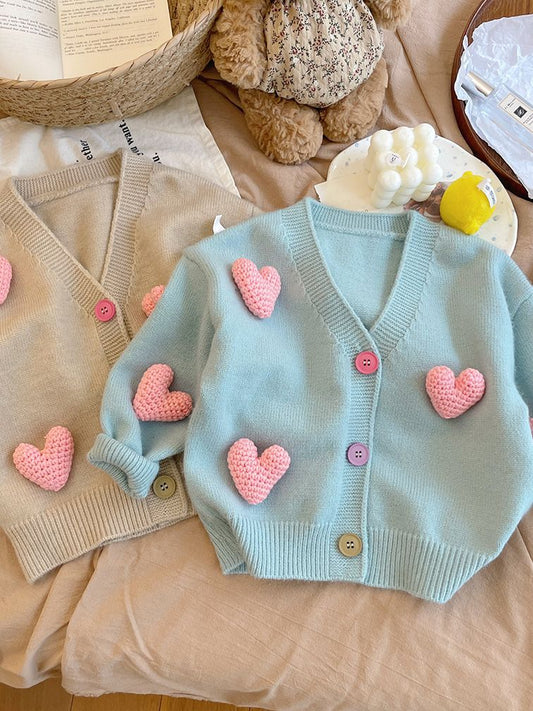 Cárdigan de punto para mujer y niño con pequeños corazones 