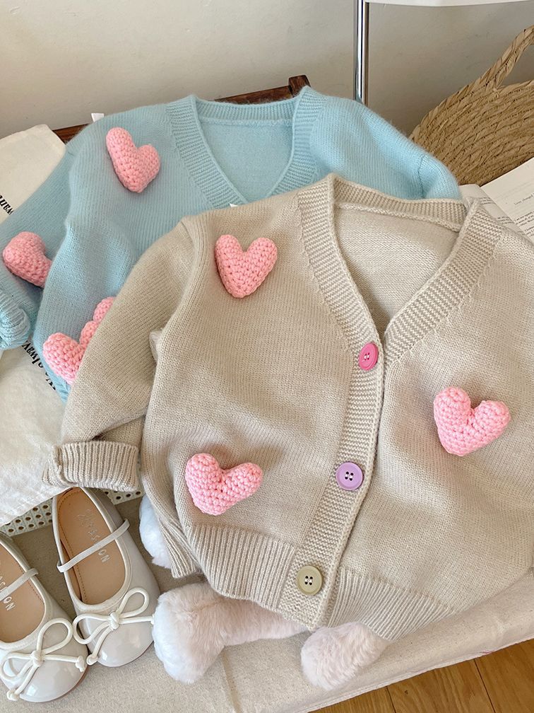 Cárdigan de punto para mujer y niño con pequeños corazones 