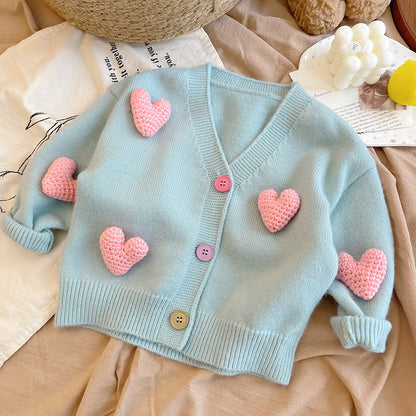 Cárdigan de punto para mujer y niño con pequeños corazones 