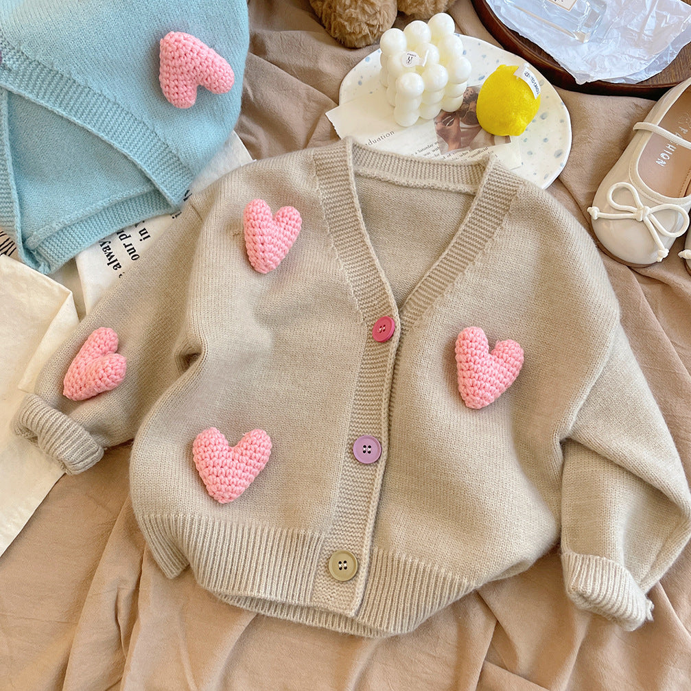 Cárdigan de punto para mujer y niño con pequeños corazones 