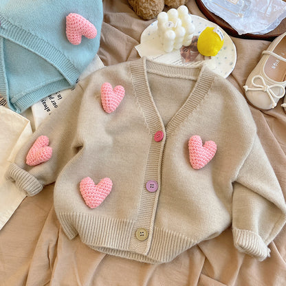 Cárdigan de punto para mujer y niño con pequeños corazones 