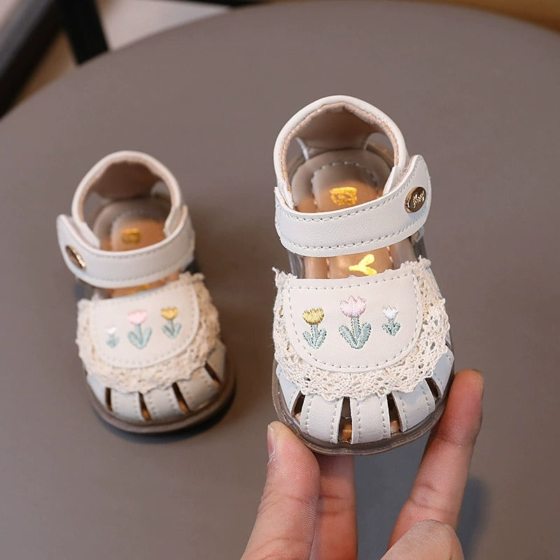 Little Girls' Sandals with Embroidered Flowers
