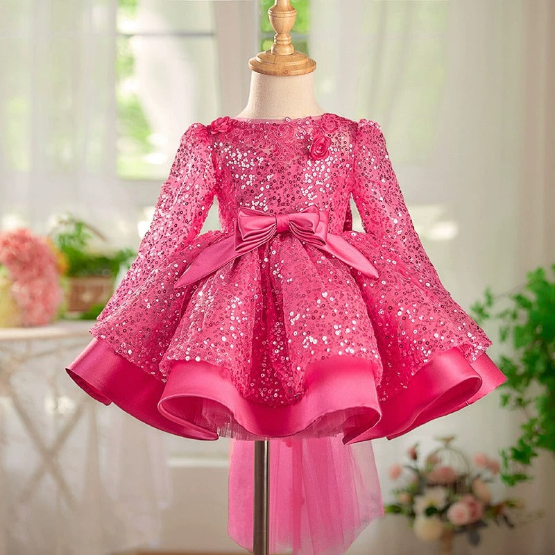 slim fit dress slacks White & Pink Sequin Bow Dress XXL-7/8 Years main image 1
