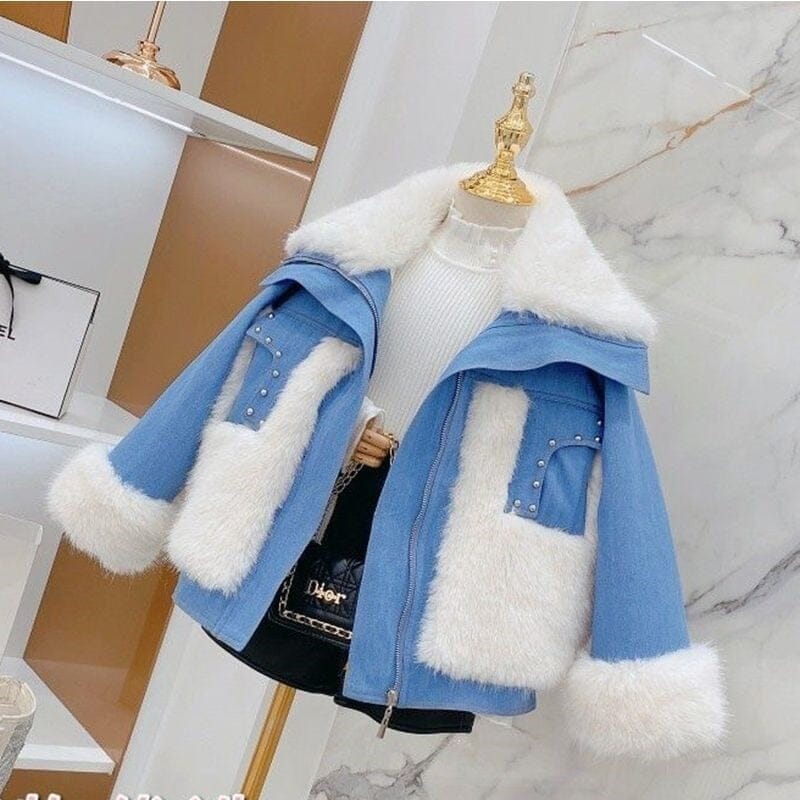 معطف جلدي مرصع بأحجار الراين للأطفال والنساء