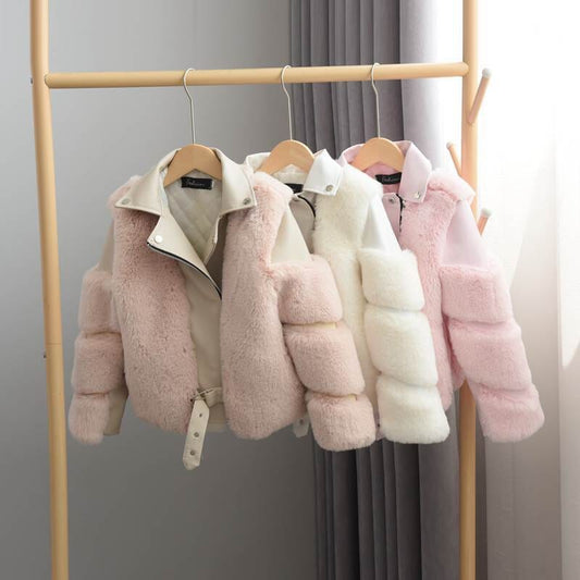 Chaqueta de cuero con cinturón para mujer y niño 