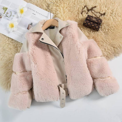 Chaqueta de cuero con cinturón para mujer y niño 