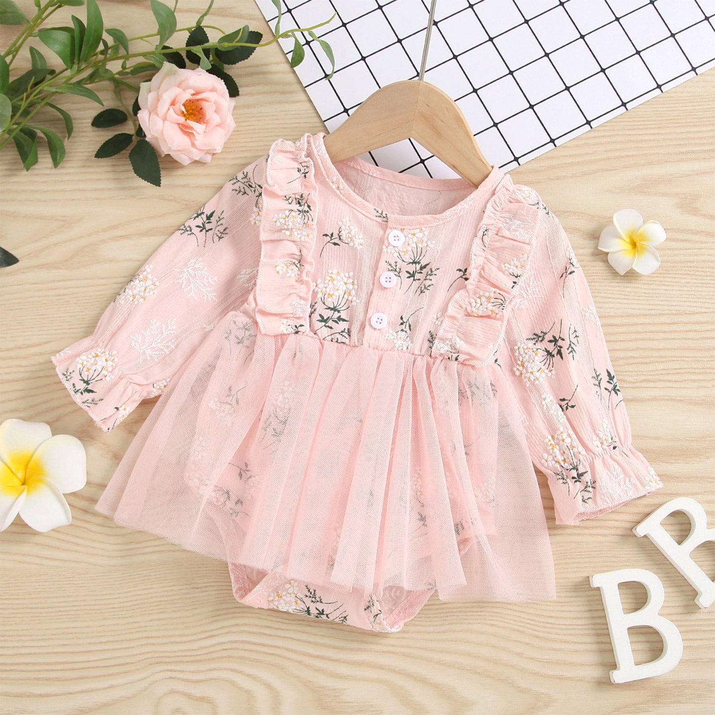 Vestido de gasa princesa informal de manga larga con estampado floral para niñas
