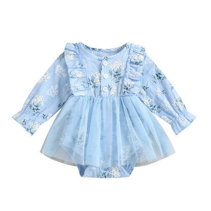 Vestido de gasa princesa informal de manga larga con estampado floral para niñas