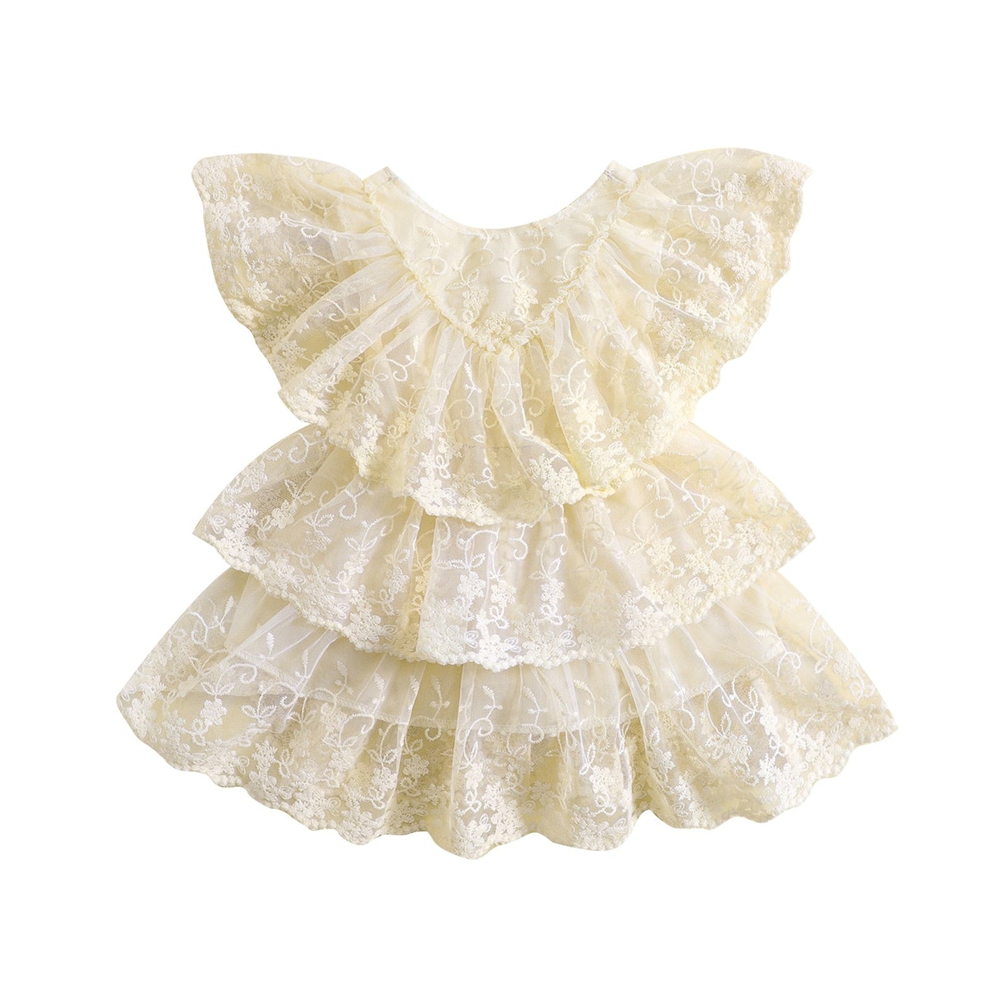 Vestido informal con mangas voladoras, encaje floral y volantes escalonados