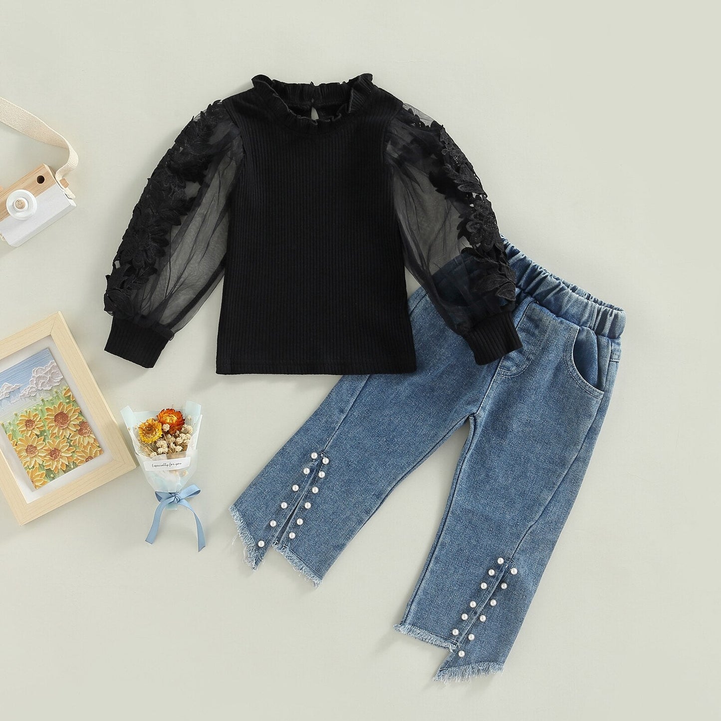 Conjunto de 2 piezas de pantalones vaqueros de manga larga con aberturas florales y cuentas, atuendo de otoño