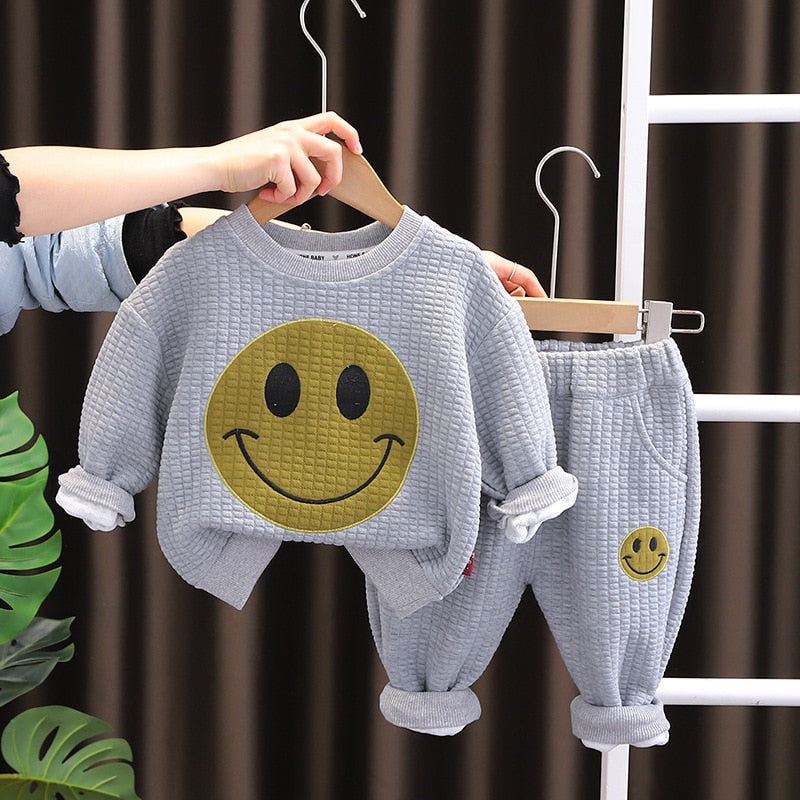 Conjunto de ropa de dos piezas para bebé con sudadera y pantalón deportivo con dibujos animados sonrientes