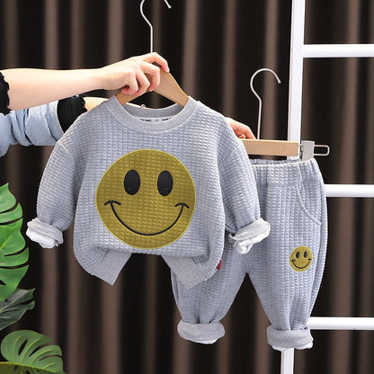 Conjunto de ropa de dos piezas para bebé con sudadera y pantalón deportivo con dibujos animados sonrientes