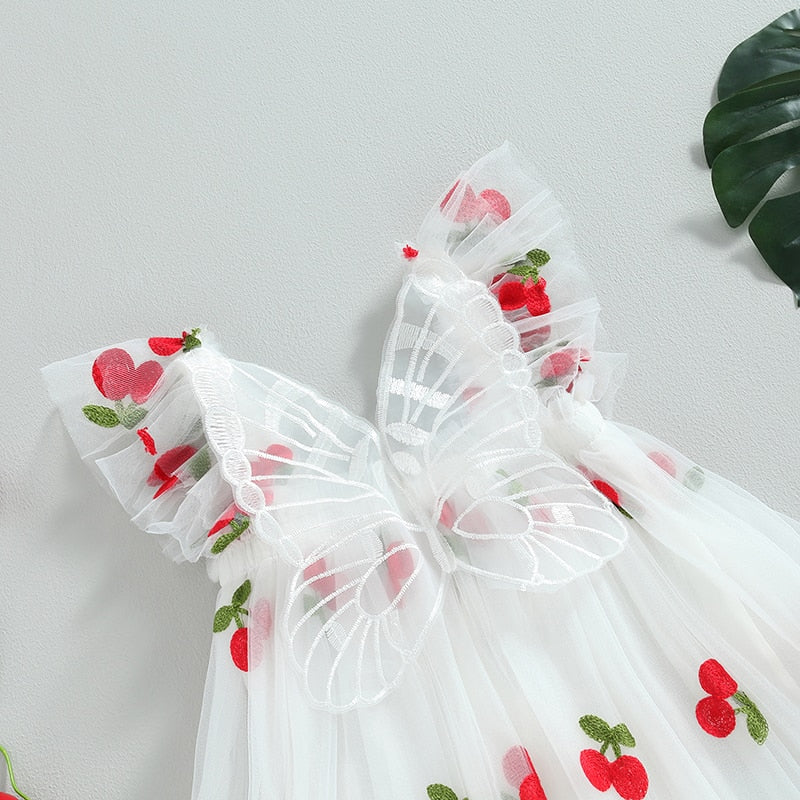 Vestido de tul con estampado de cerezas y mariposas para niña