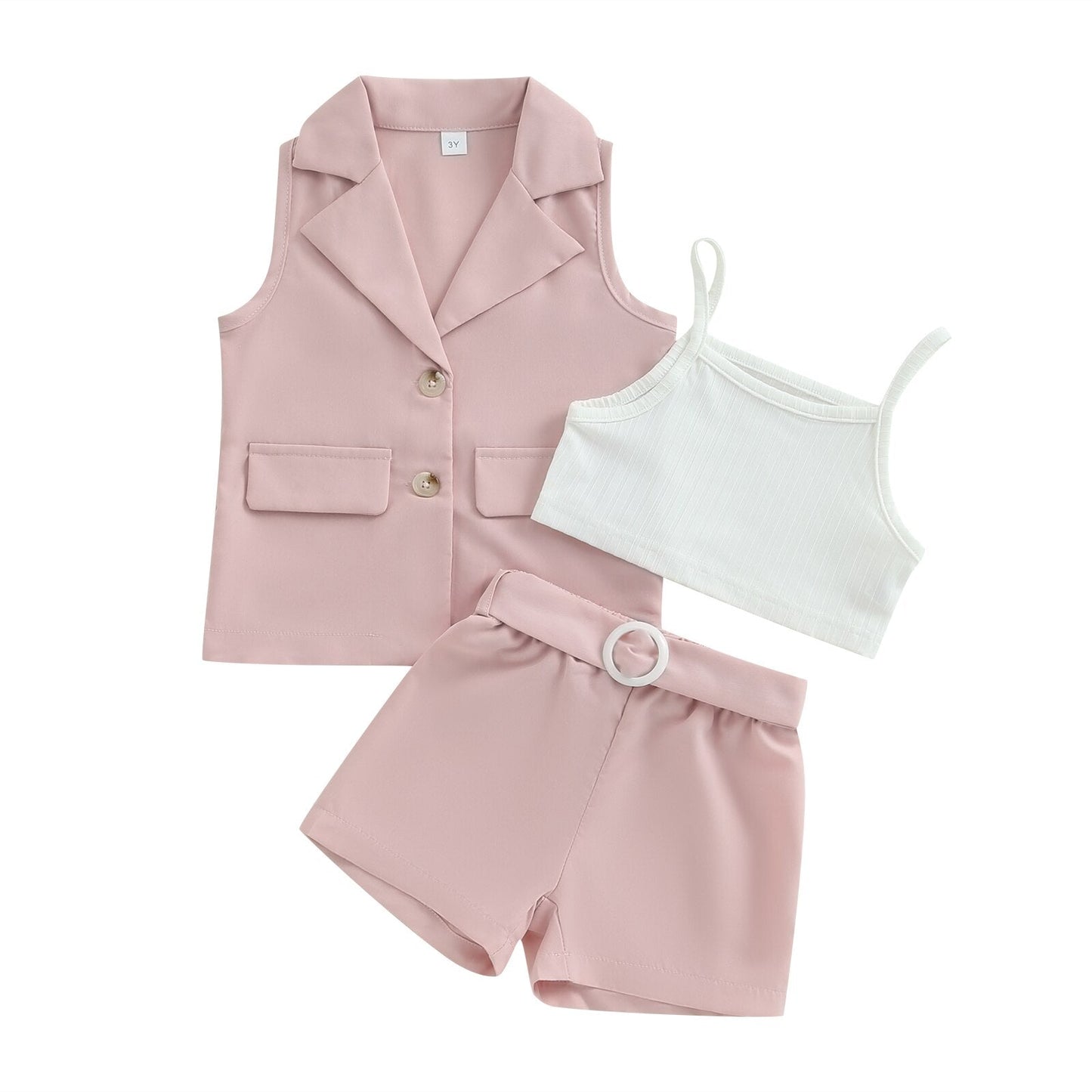 Conjunto de 3 piezas de verano: blazer, camiseta de tirantes y pantalones cortos con cinturón (tallas 2-7)
