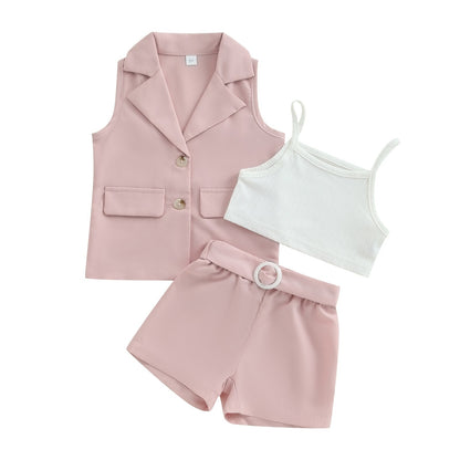 Conjunto de 3 piezas de verano: blazer, camiseta de tirantes y pantalones cortos con cinturón (tallas 2-7)