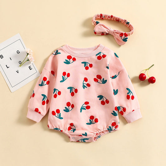 Mono de manga larga con estampado de cerezas y cinta para el pelo