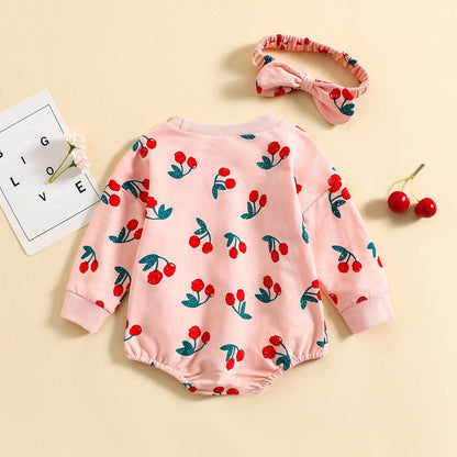 Mono de manga larga con estampado de cerezas y cinta para el pelo