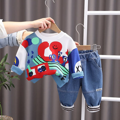 Conjunto de 2 piezas de sudadera y jeans lavados con diseño de pulpo para niños