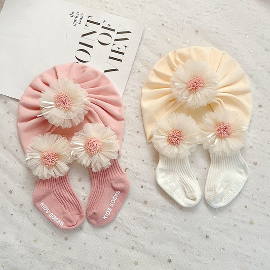 Conjunto de calcetines y gorro para bebé, calcetín corto de tubo acanalado con encaje floral y turbante para otoño, beige/rosa