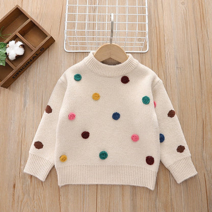 Suéteres para bebés, niñas y niños, abrigos de moda con apliques de bola de pelo, suéteres tejidos para niños, tops, suéteres cálidos para bebés, niños y niñas