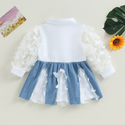 Vestido transparente de manga larga con solapa y estampado de mariposas