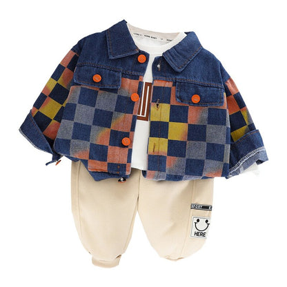Conjunto de 3 piezas de ropa, chaqueta vaquera a cuadros, sudadera de manga larga y pantalón deportivo