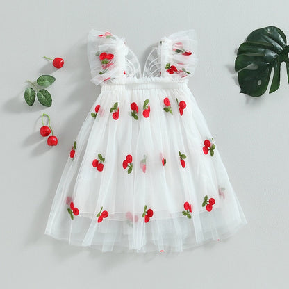 Vestido de tul con estampado de cerezas y mariposas para niña
