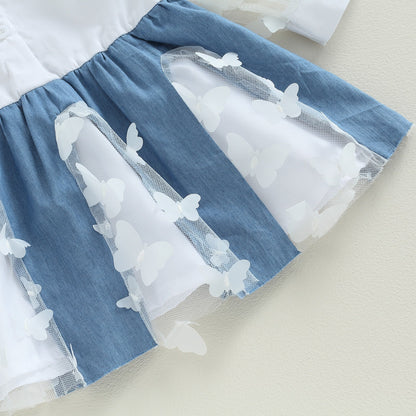 Vestido transparente de manga larga con solapa y estampado de mariposas