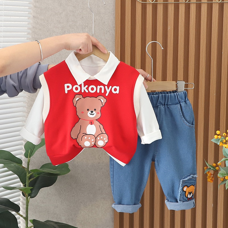 Conjunto de ropa de 3 piezas con chaleco de punto de oso de dibujos animados de algodón