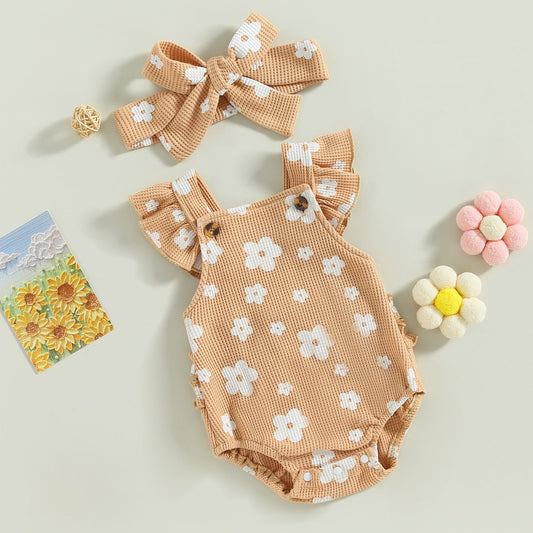 Mono informal con estampado floral, mangas con volantes y diadema