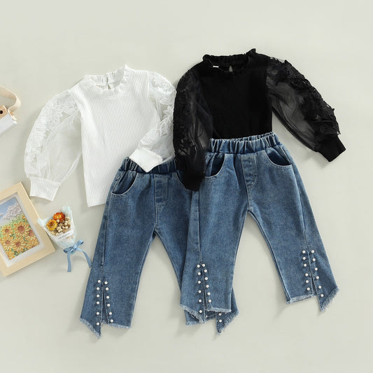 Conjunto de 2 piezas de pantalones vaqueros de manga larga con aberturas florales y cuentas, atuendo de otoño