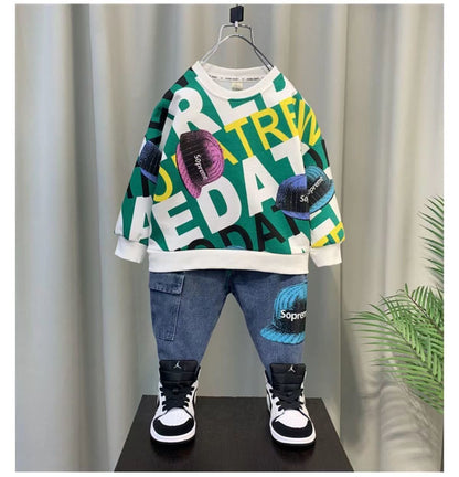 Conjunto de ropa para bebé, nuevo jersey estampado de manga larga y pantalones, 2 piezas, ropa de primavera y otoño