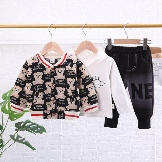 Conjunto de 3 piezas de chándal con estampado de oso, cárdigan, abrigo, sudadera con capucha y pantalones.