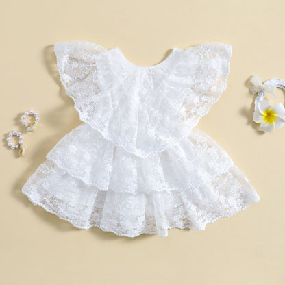 Vestido informal con mangas voladoras, encaje floral y volantes escalonados